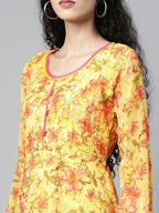 Souchii Yellow Floral Layered Chiffon A-Line Midi Dress | Grocsy