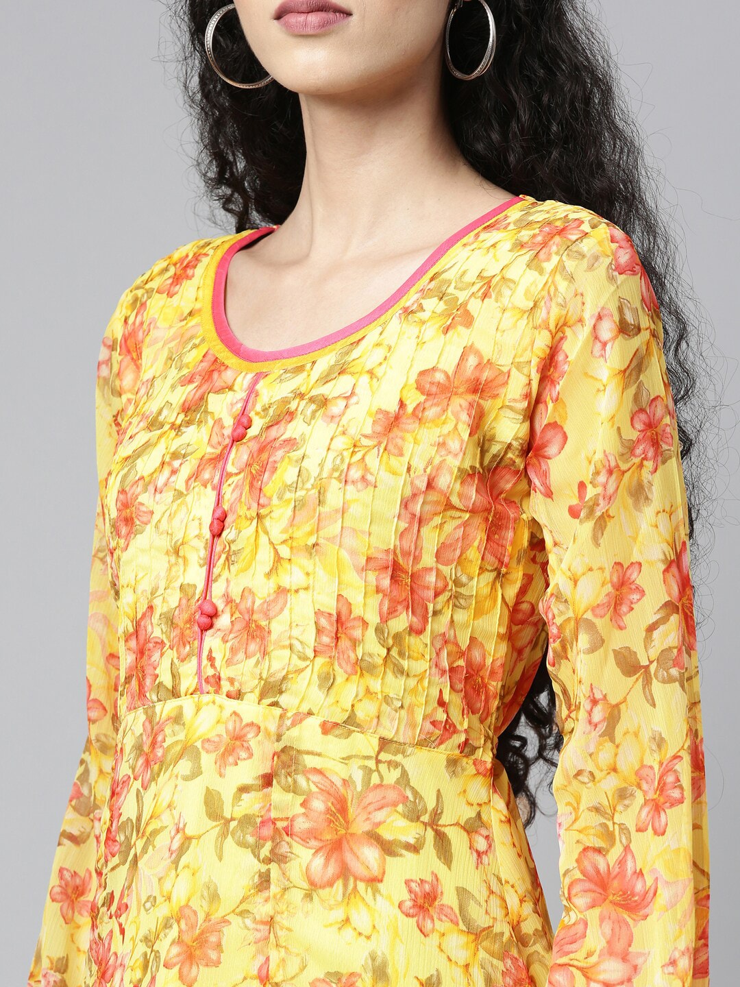 Souchii Yellow Floral Layered Chiffon A-Line Midi Dress | Grocsy