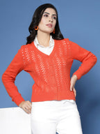 Women Pointelle Rust Acrylic Winter Cardigan - Wool Trees | Grocsy