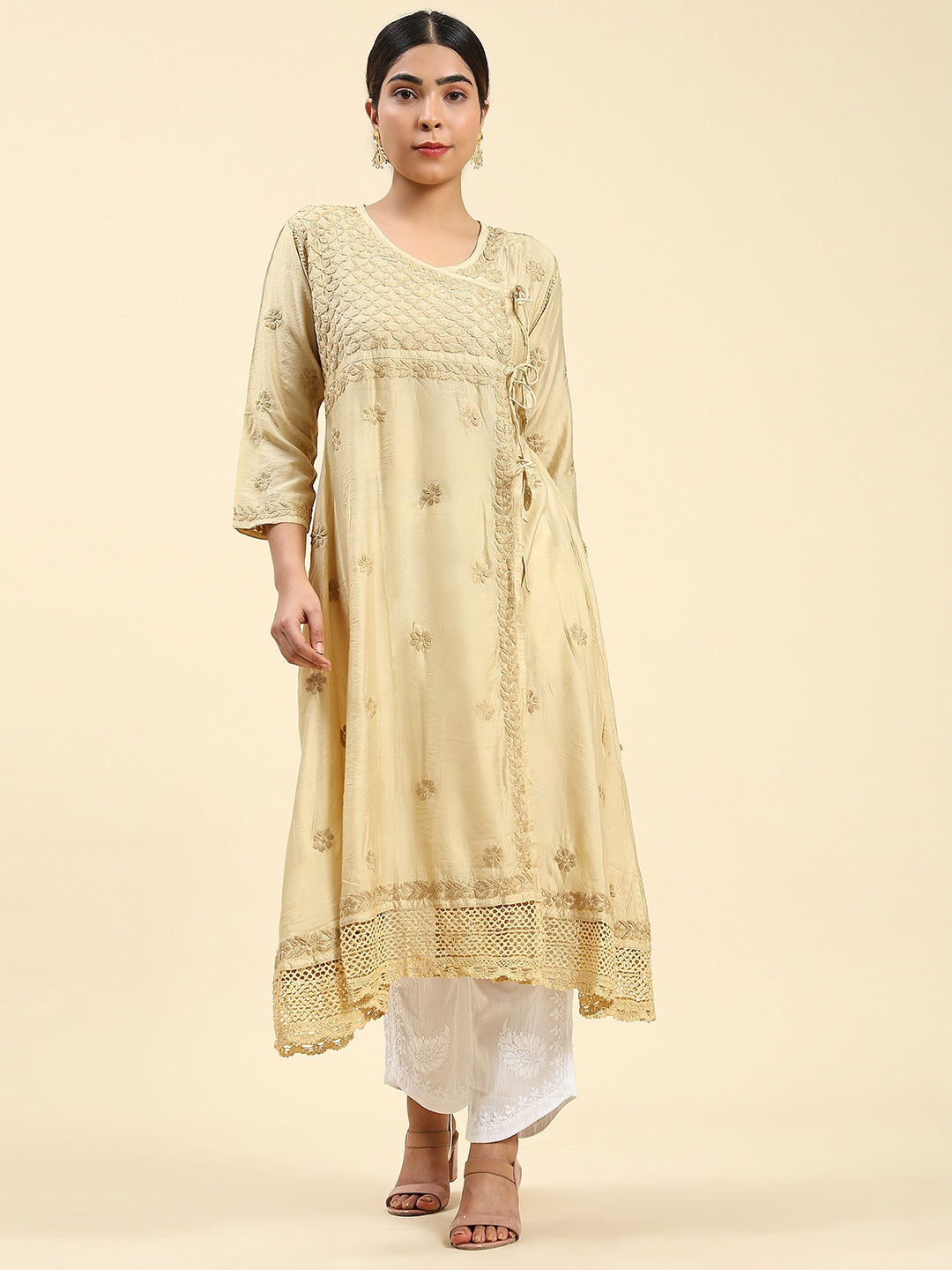 HOUSE OF KARI Embroidered Chikankari Chanderi Silk Anarkali Kurta | Grocsy
