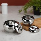Sumeet Stainless Steel Ghee and Oil Pot, Storage Conrainer with Spoon for Kitchen, 7.5cm & 8.5cm Dia, 170ML & 230ML - Silver (Pack of 2) | Grocsy