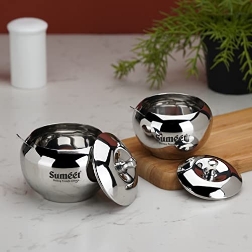 Sumeet Stainless Steel Ghee and Oil Pot, Storage Conrainer with Spoon for Kitchen, 7.5cm & 8.5cm Dia, 170ML & 230ML - Silver (Pack of 2) | Grocsy