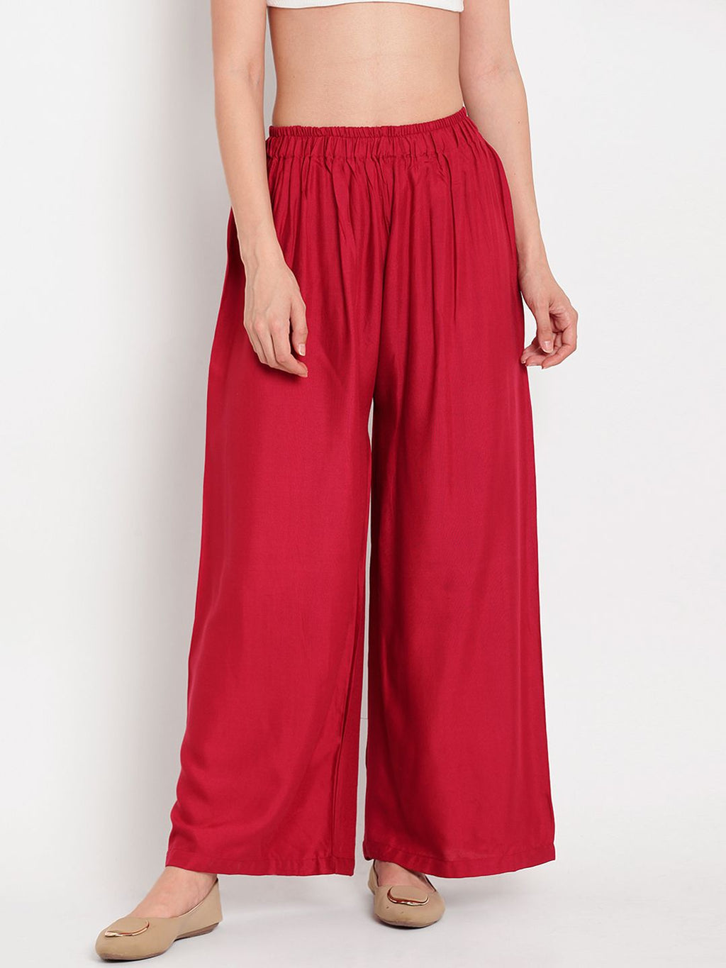 TAG 7 Women Set of 2 White & Red Solid Flared Palazzos | Grocsy