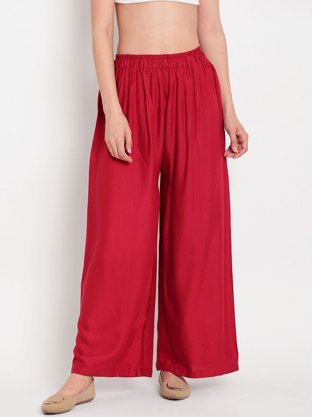 TAG 7 Women Set of 2 White & Red Solid Flared Palazzos | Grocsy