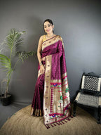 Joban Fashion Wine Peacock & Floral Motifs Soft Lichi Silk Kanchipuram Saree | Grocsy