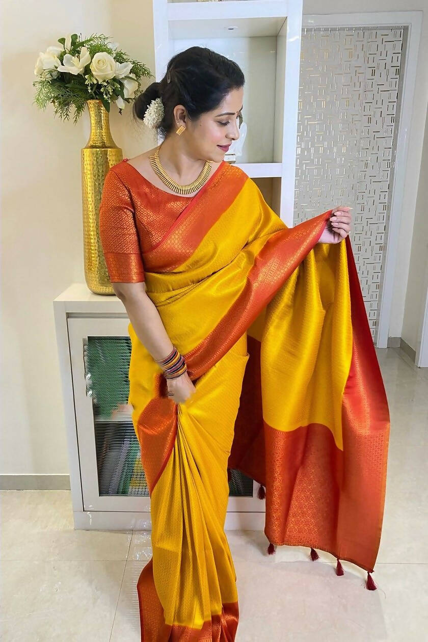 DEIANA'S Beautiful Designer Golden zari Soft Lichi Silk Saree - Yellow | Grocsy