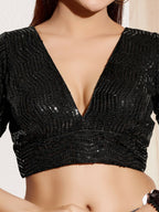 Joban Fashion Black Sequin Padded Blouse With V Neck Elbow Sleeves | Grocsy