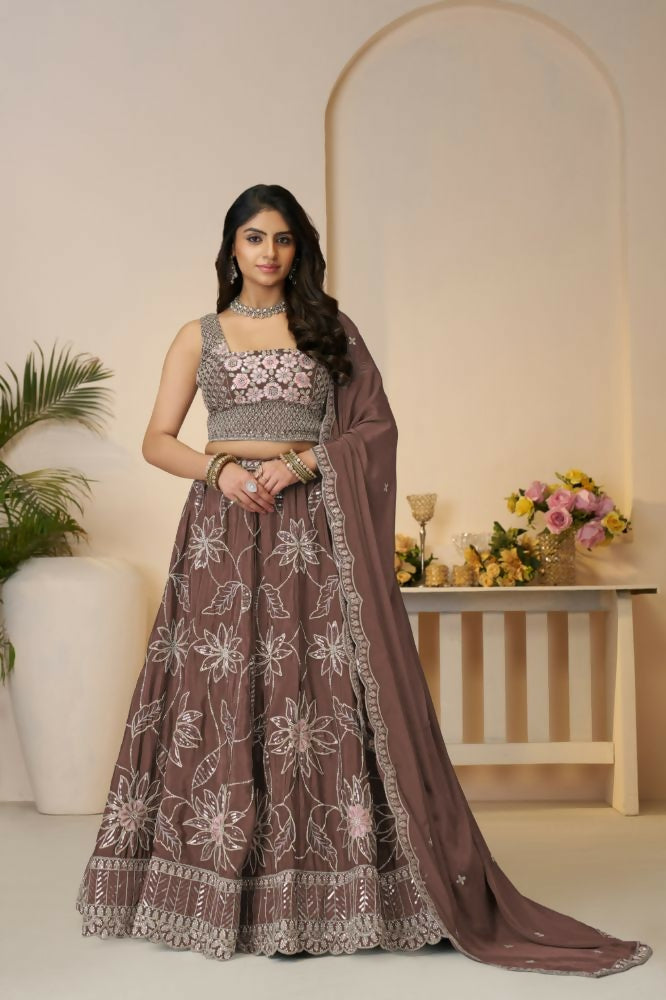 Kesar Fab Dark-Onion-Pink Silk Embroidered Lehenga | Grocsy