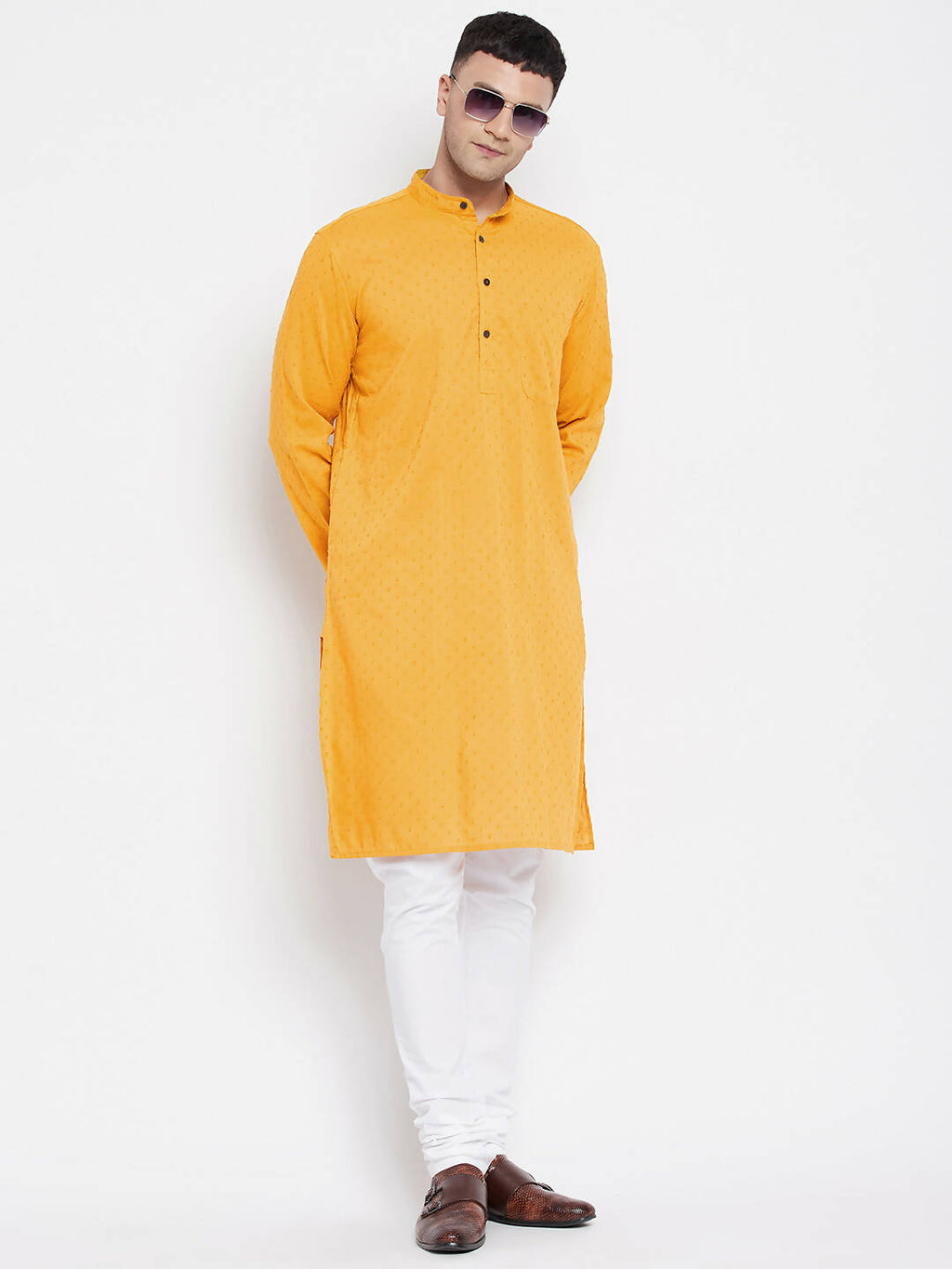 Even Apparels Yellow Color Pure Cotton Men's Kurta With Band Collar | Grocsy