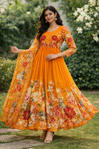 Teeya Creation Womens New Fancy Fox Georgette Heavy Quality Fabric With Handwork Orange Gown Set | Grocsy
