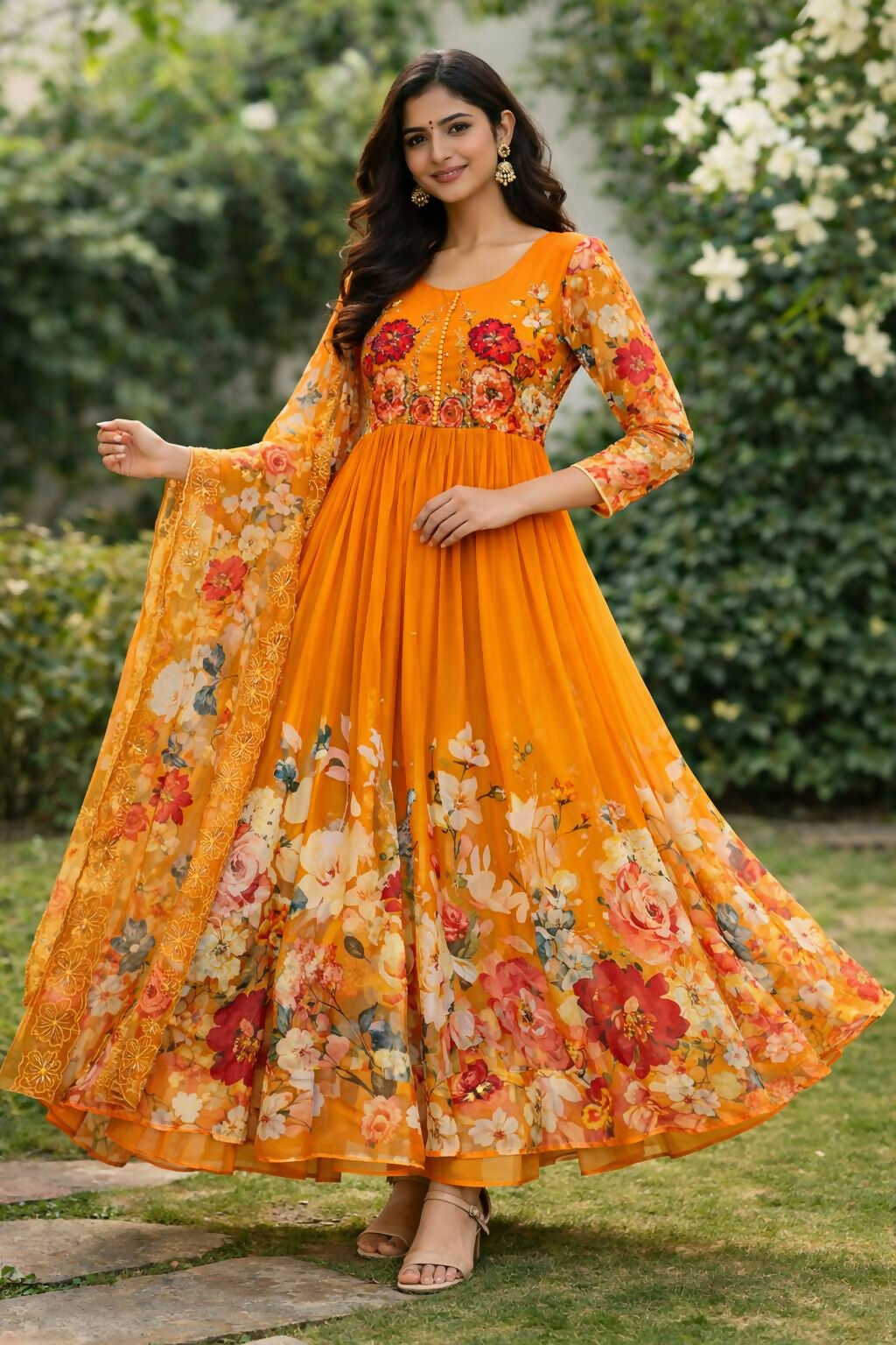 Teeya Creation Womens New Fancy Fox Georgette Heavy Quality Fabric With Handwork Orange Gown Set | Grocsy