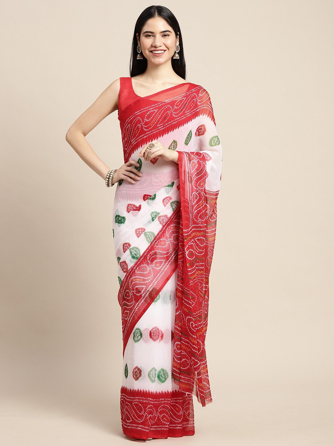 Saree Mall White & Red Printed Bandhani Sarees | Grocsy