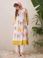 Indo Era Floral Printed Round Neck Pure Cotton Straight Kurta With Trouser | Grocsy
