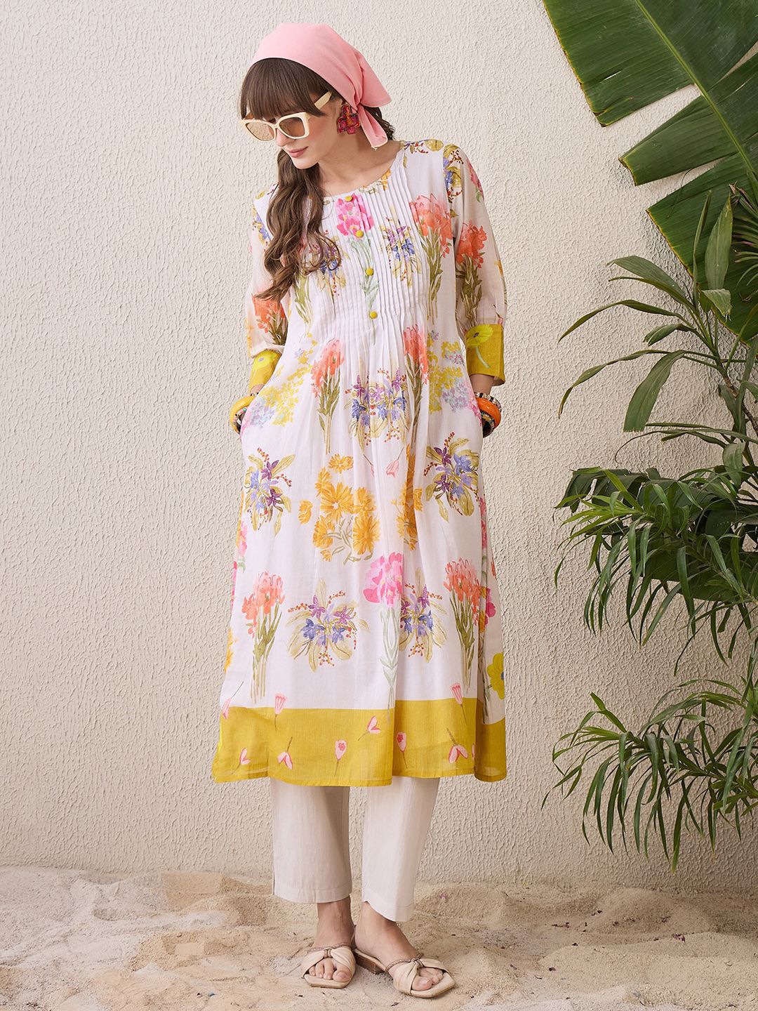Indo Era Floral Printed Round Neck Pure Cotton Straight Kurta With Trouser | Grocsy