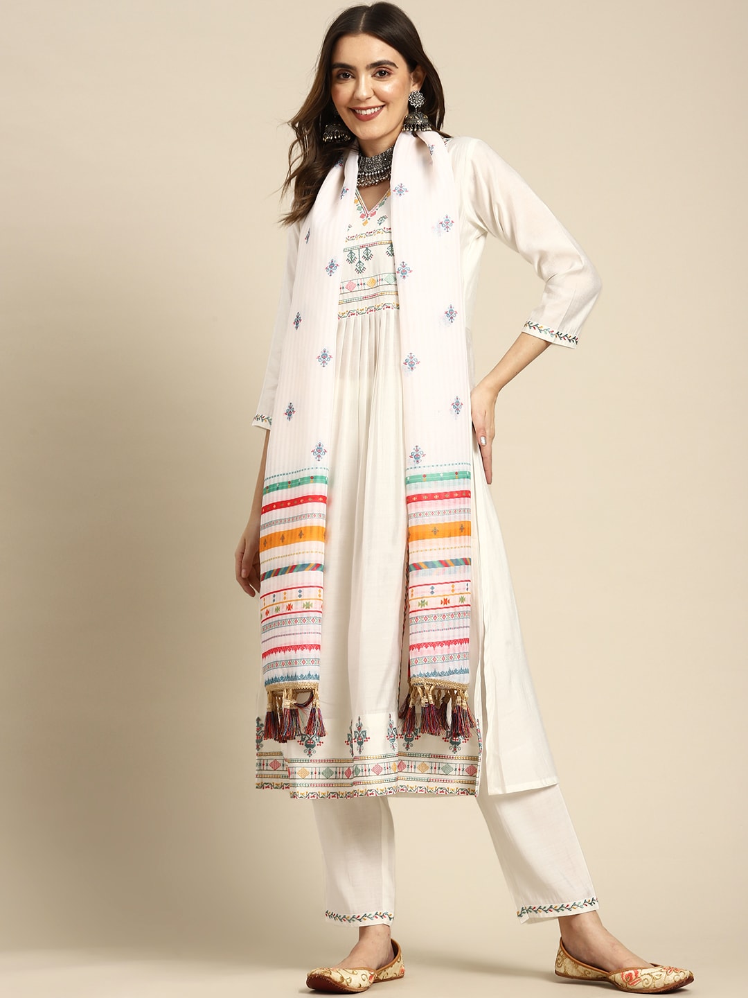 Sangria Ethnic Motifs Yoke Design Regular Thread Work Kurta with Trousers & With Dupatta | Grocsy