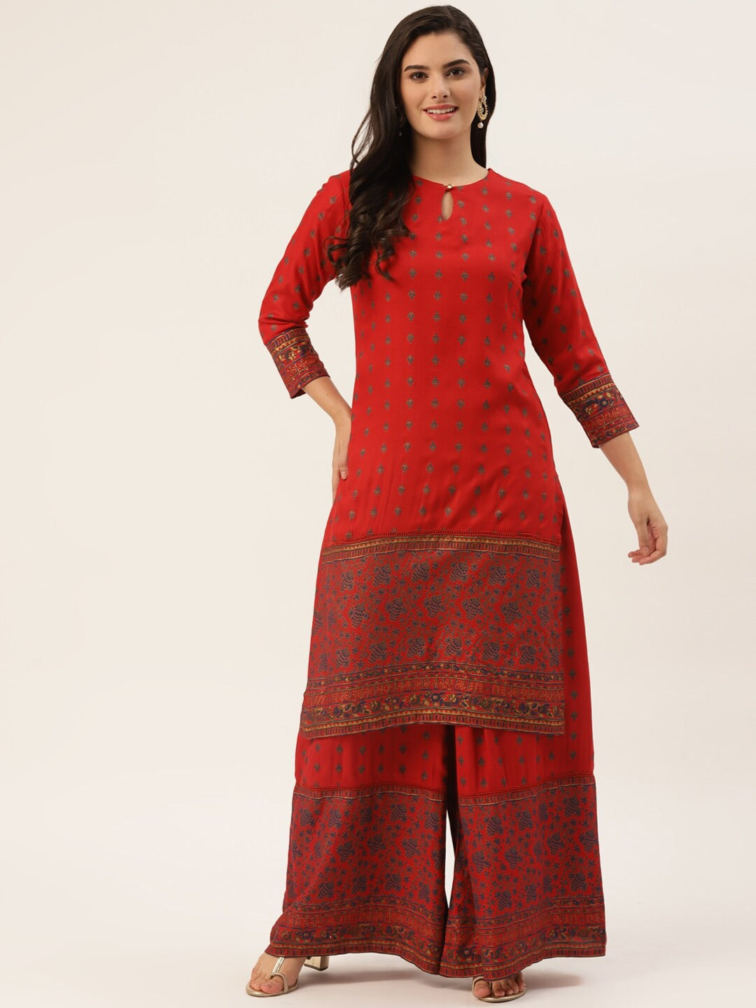 HERE&NOW Women Red Ethnic Motifs Printed Kurta with Palazzos | Grocsy