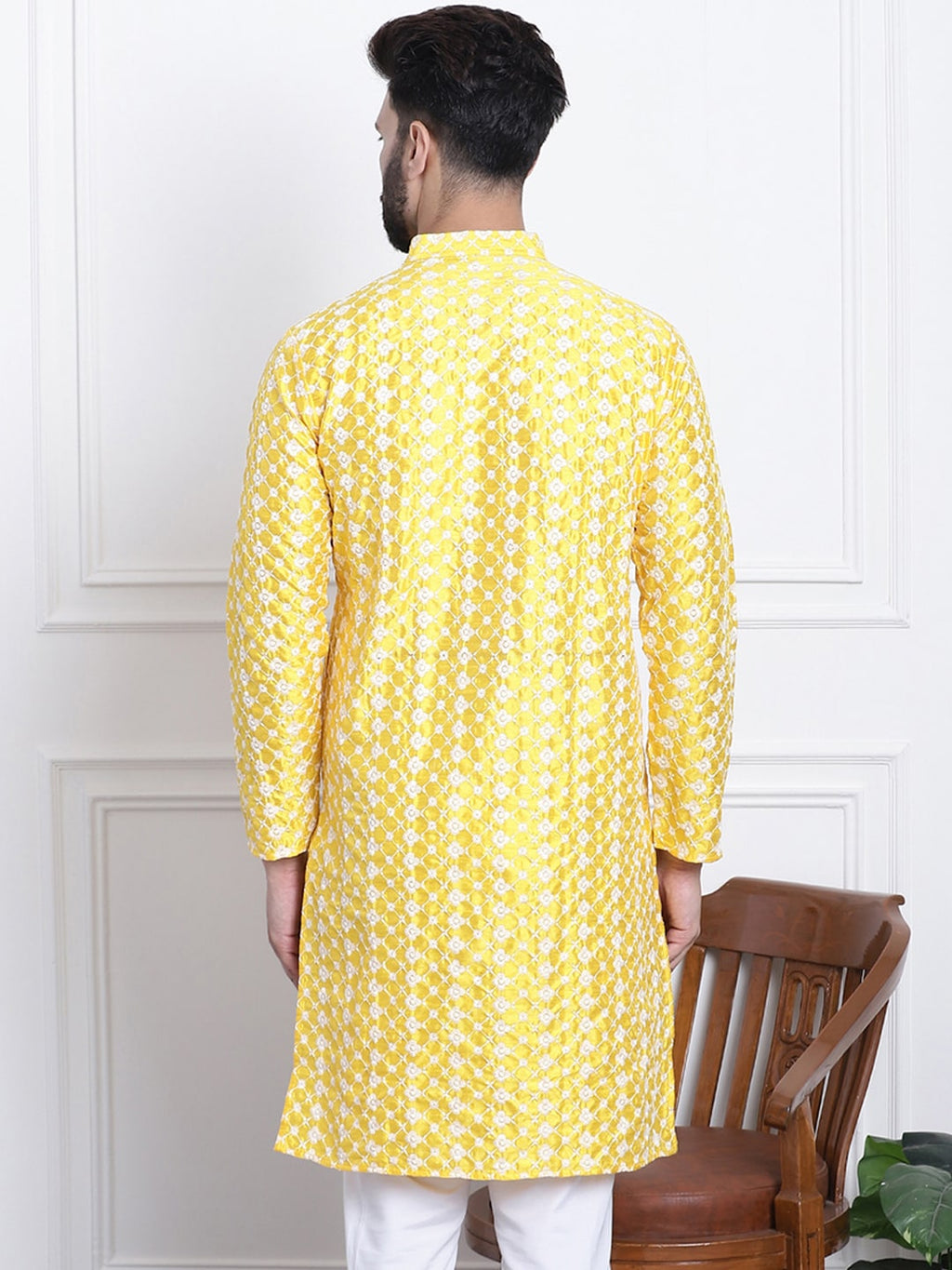 Sojanya Men Yellow & White Ethnic Motifs Embroidered Straight Kurta | Grocsy