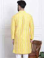 Sojanya Men Yellow & White Ethnic Motifs Embroidered Straight Kurta | Grocsy