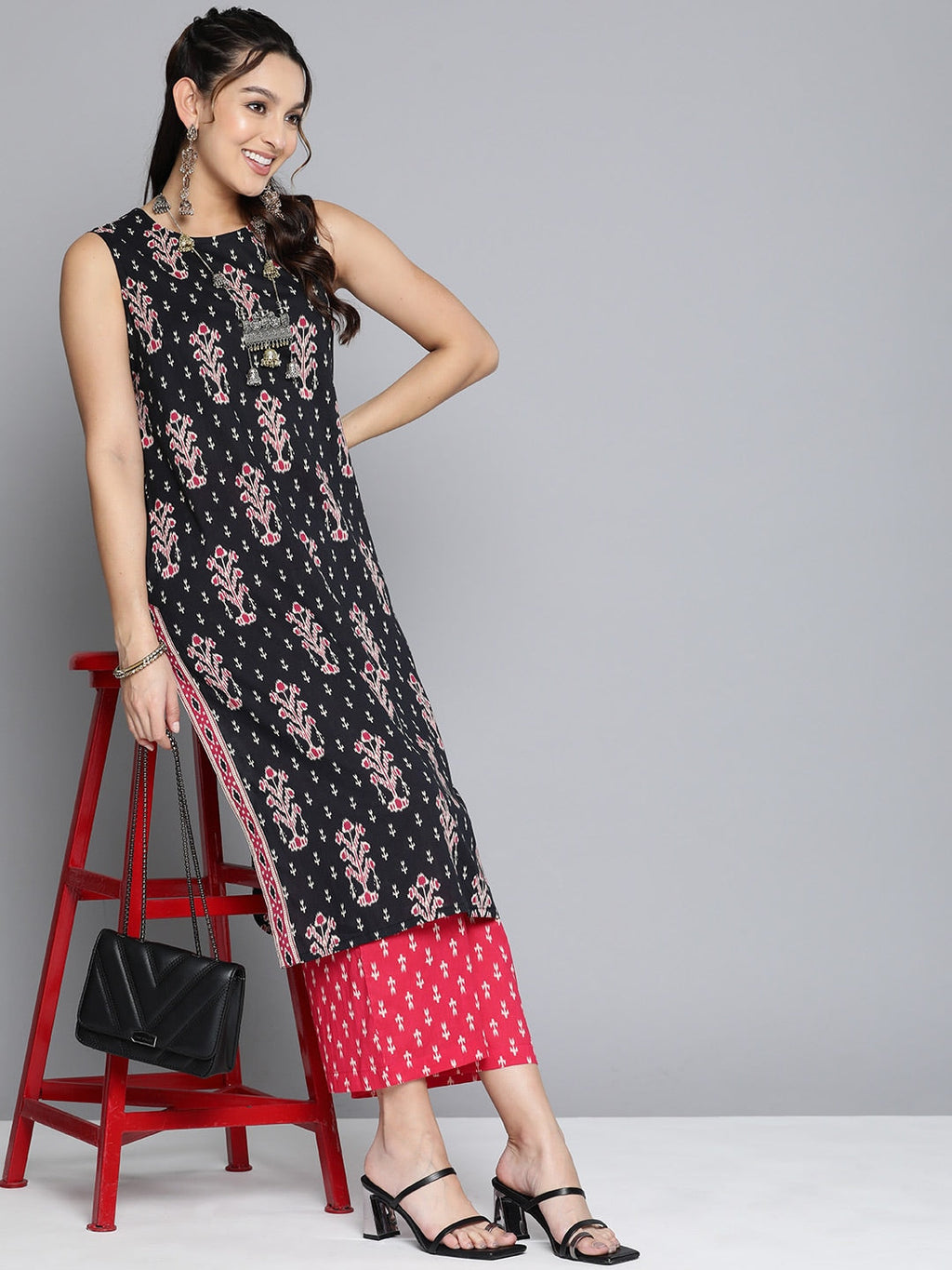 HERE&NOW Women Ethnic Motifs Printed Pure Cotton Kurta With Palazzos | Grocsy