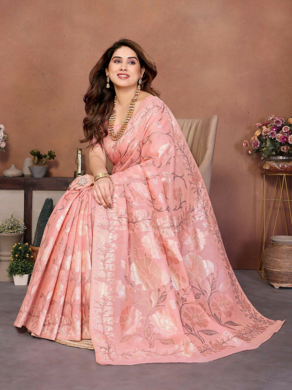 Teeya Creation New Latest Trendy Wedding Wear Pashmina Silk Saree-Peach | Grocsy