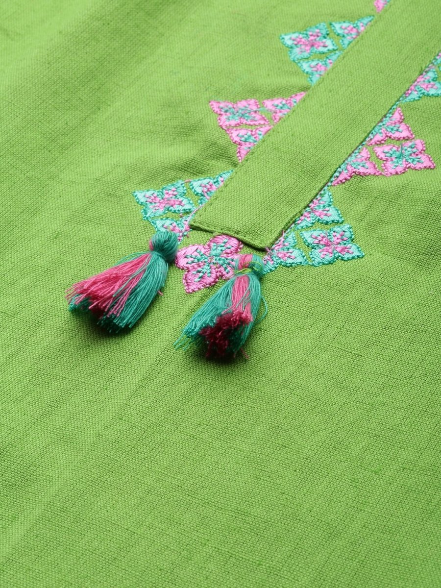 All About You Women Green & Pink Ethnic Motifs Yoke Design Thread Work Pure Cotton Kurta | Grocsy