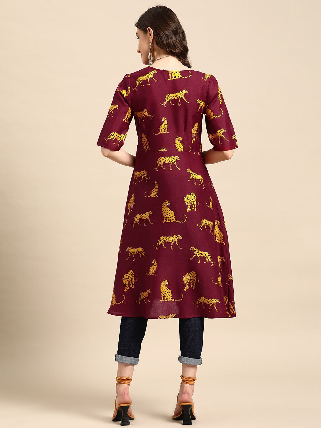 Sangria Animal Print Angrakha Kurta | Grocsy