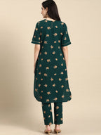 All About You Women Green & Brown Floral Printed Regular Pure Cotton Kurta with Trousers | Grocsy