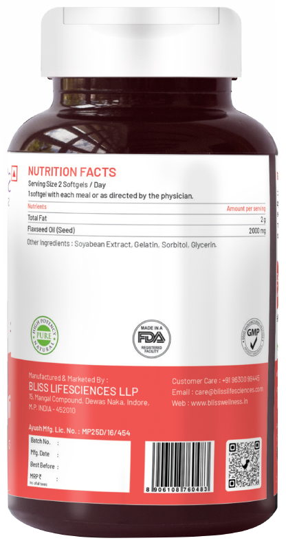 Bliss Welness Cardiovascular Health Flaxseed Oil High Potency Omega-3 Softgel Capsule | Grocsy