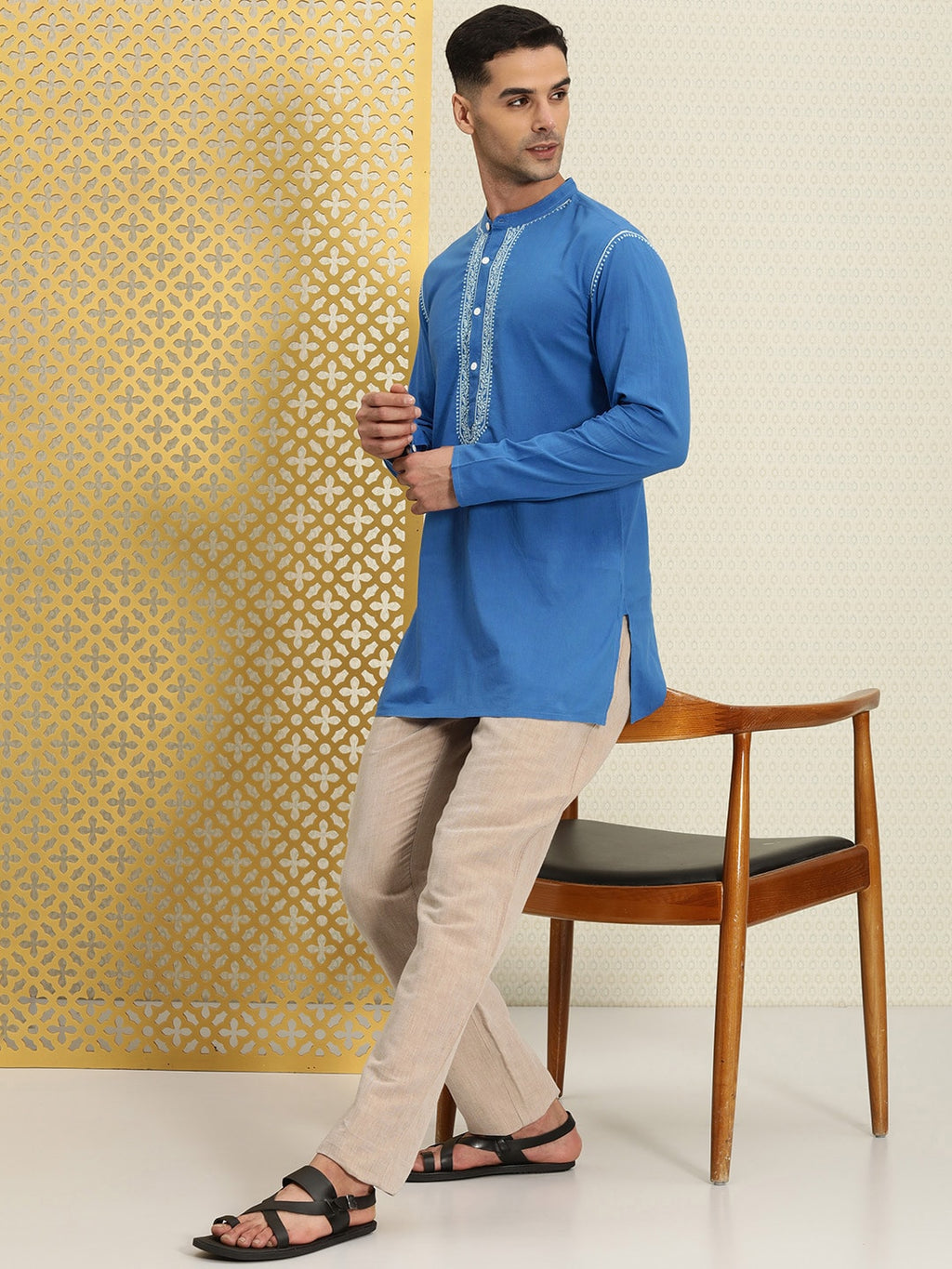 House of Pataudi Men Pure Cotton Solid Chikankari Jashn Short Kurta | Grocsy