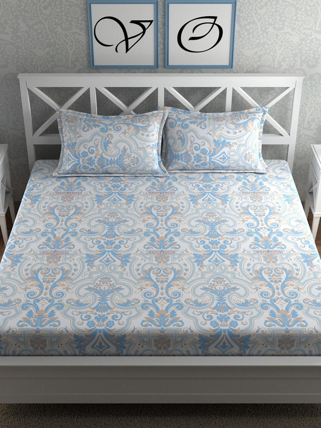 CHHAVI INDIA Blue & White Ethnic Motifs 210 TC King Bedsheet with 2 Pillow Covers | Grocsy