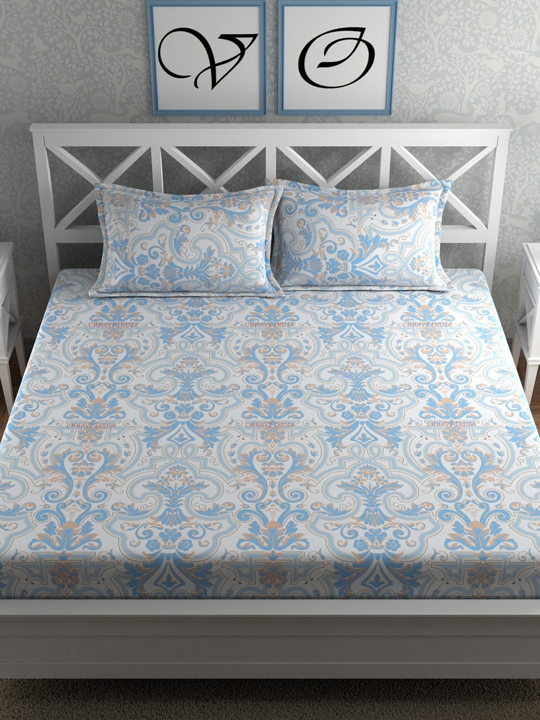 CHHAVI INDIA Blue & White Ethnic Motifs 210 TC King Bedsheet with 2 Pillow Covers | Grocsy