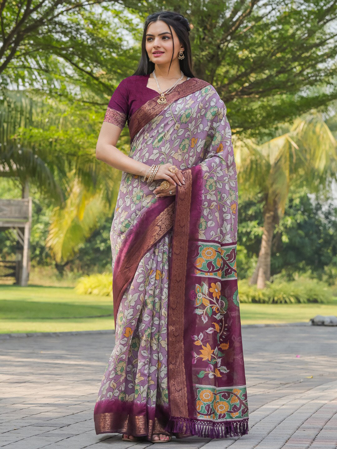 Tikhi Imli Floral Printed Zari Ready to Wear Saree | Grocsy