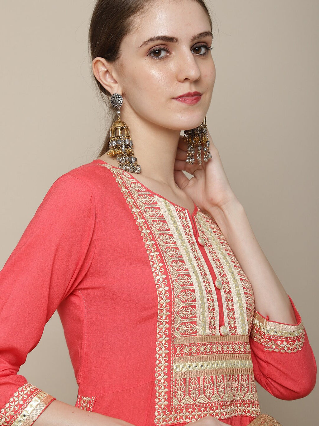 Sangria Women Coral Ethnic Motifs Yoke Design Kurta | Grocsy