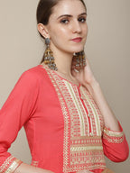 Sangria Women Coral Ethnic Motifs Yoke Design Kurta | Grocsy
