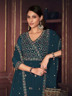 Jyoti Fashion Women's Rama Georgette Embroidered Anarkali Kurta Pant Set With Dupatta | Grocsy