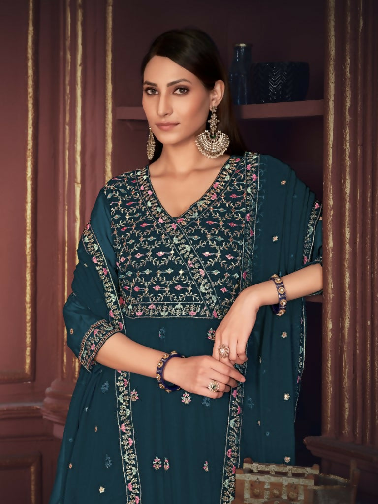 Jyoti Fashion Women's Rama Georgette Embroidered Anarkali Kurta Pant Set With Dupatta | Grocsy