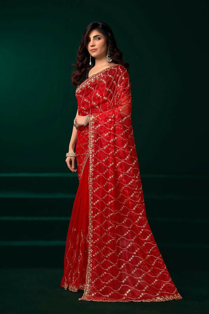 Joban Fashion Red Net Party Wear Sarees | Grocsy