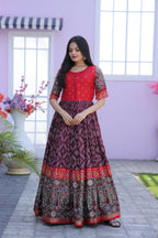 Jyoti Fashion Women's Wine Patola with Foil Print Dola Silk Anarkali Dress | Grocsy