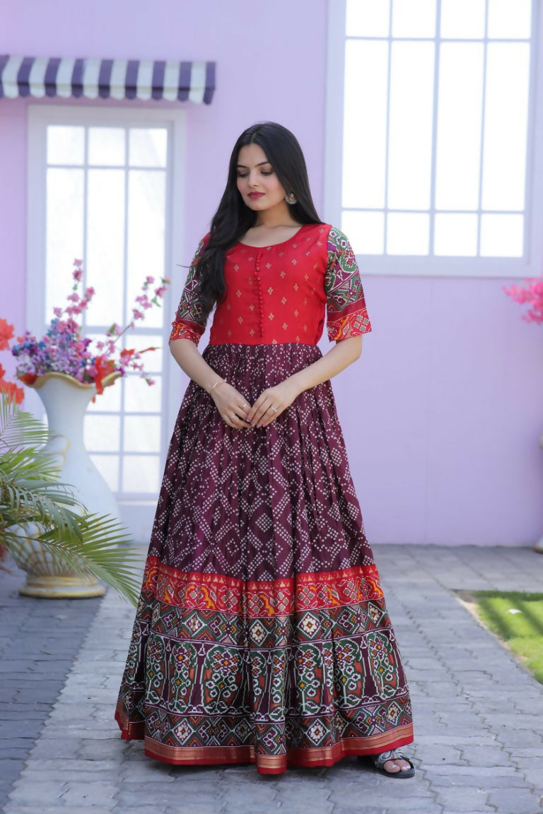 Jyoti Fashion Women's Wine Patola with Foil Print Dola Silk Anarkali Dress | Grocsy