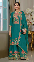 Anaita Teal Blue Chinon Stitched Suit with Embroidery Sequence Work | Grocsy