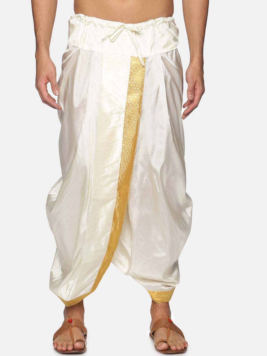 Sethukrishna Men Cream & Golden Solid Dhoti | Grocsy