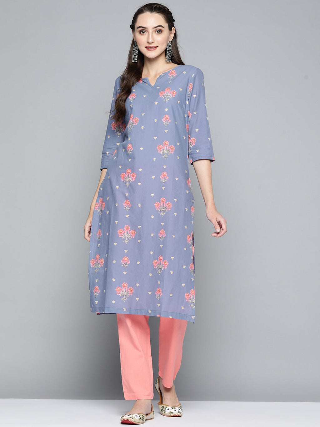 HERE&NOW Women Lavender & Pink Printed Pure Cotton Straight Kurta | Grocsy