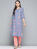 HERE&NOW Women Lavender & Pink Printed Pure Cotton Straight Kurta | Grocsy