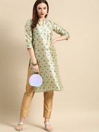 All About You Women Sea Green Floral Block Print Mandarin Collar Chanderi Silk Blend Kurta | Grocsy