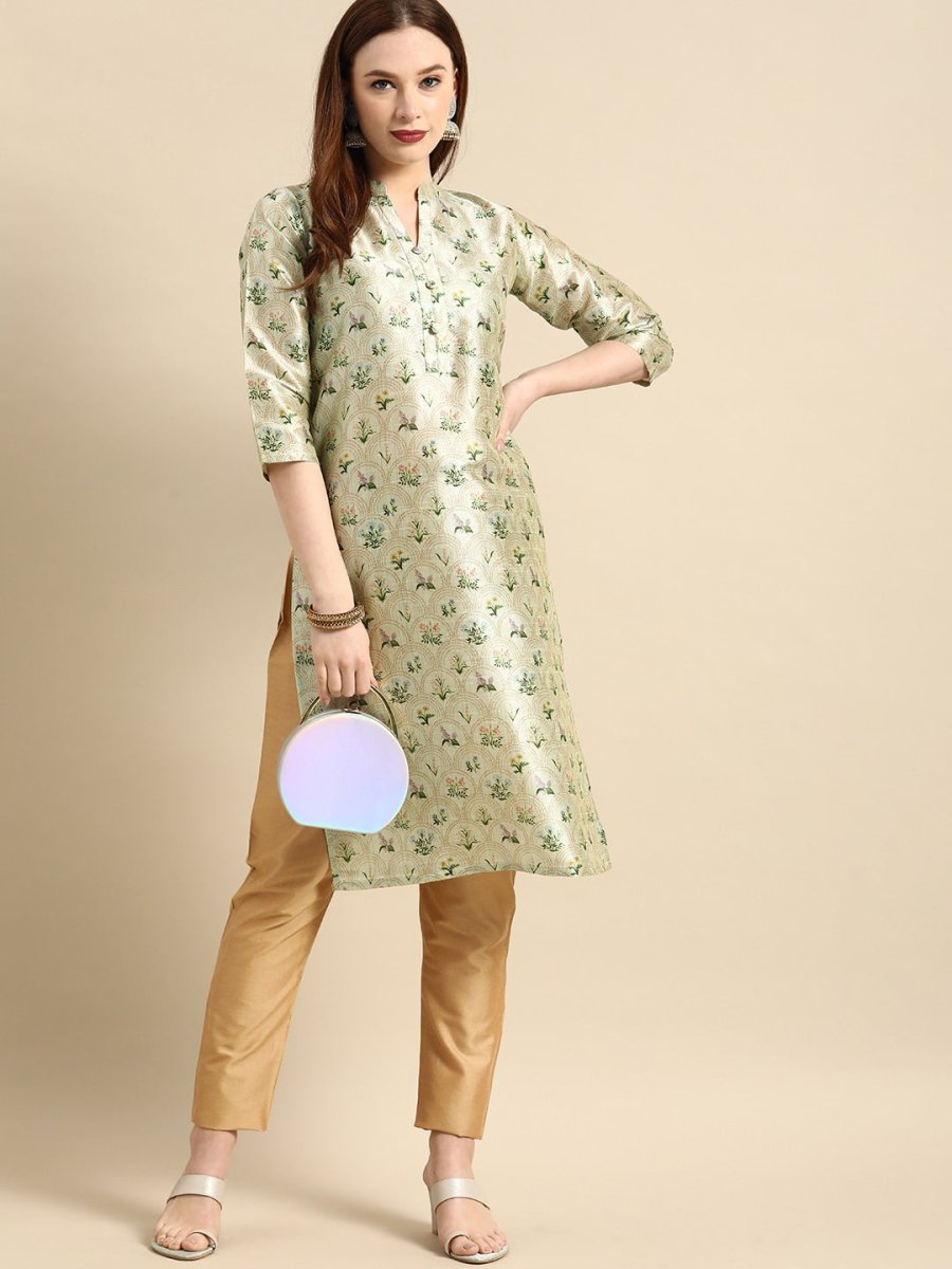 All About You Women Sea Green Floral Block Print Mandarin Collar Chanderi Silk Blend Kurta | Grocsy