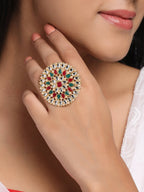 NVR Women's Traditional Ethnic Kundan Meenakari Gold-Polished Ajustable Finger Ring | Grocsy