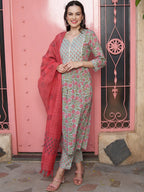Sangria Sea Green Floral Printed Pure Cotton Kurta with Palazzos & Dupatta | Grocsy