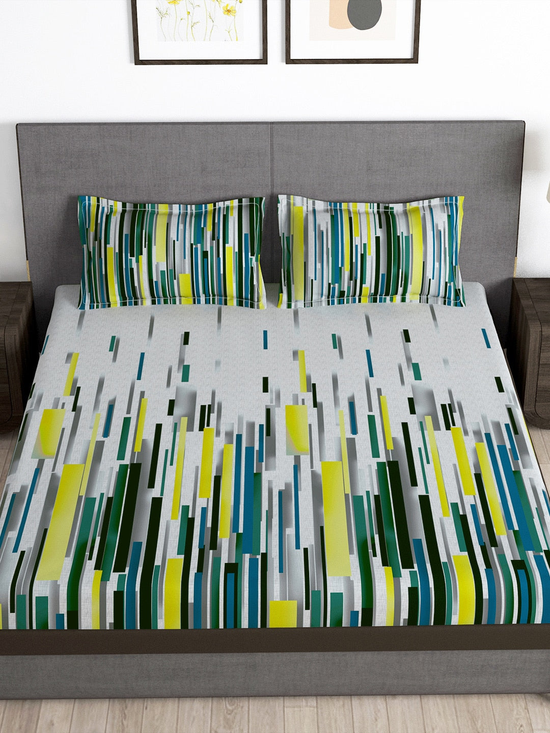 Story@home Arena White & Grey Printed 180 TC Bedsheet & Pillow Covers | Grocsy