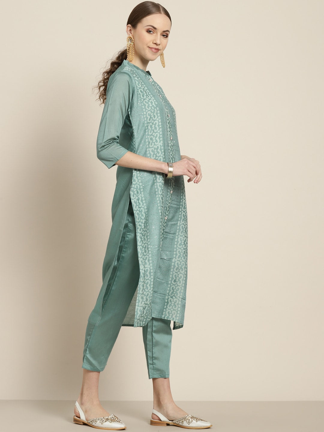 Sangria Women Sea Green Ethnic Motifs Sequinned Liva Kurta with Trousers & With Dupatta | Grocsy