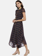 Souchii Navy Blue & Gold Floral Print Fit and Flare Dress | Grocsy